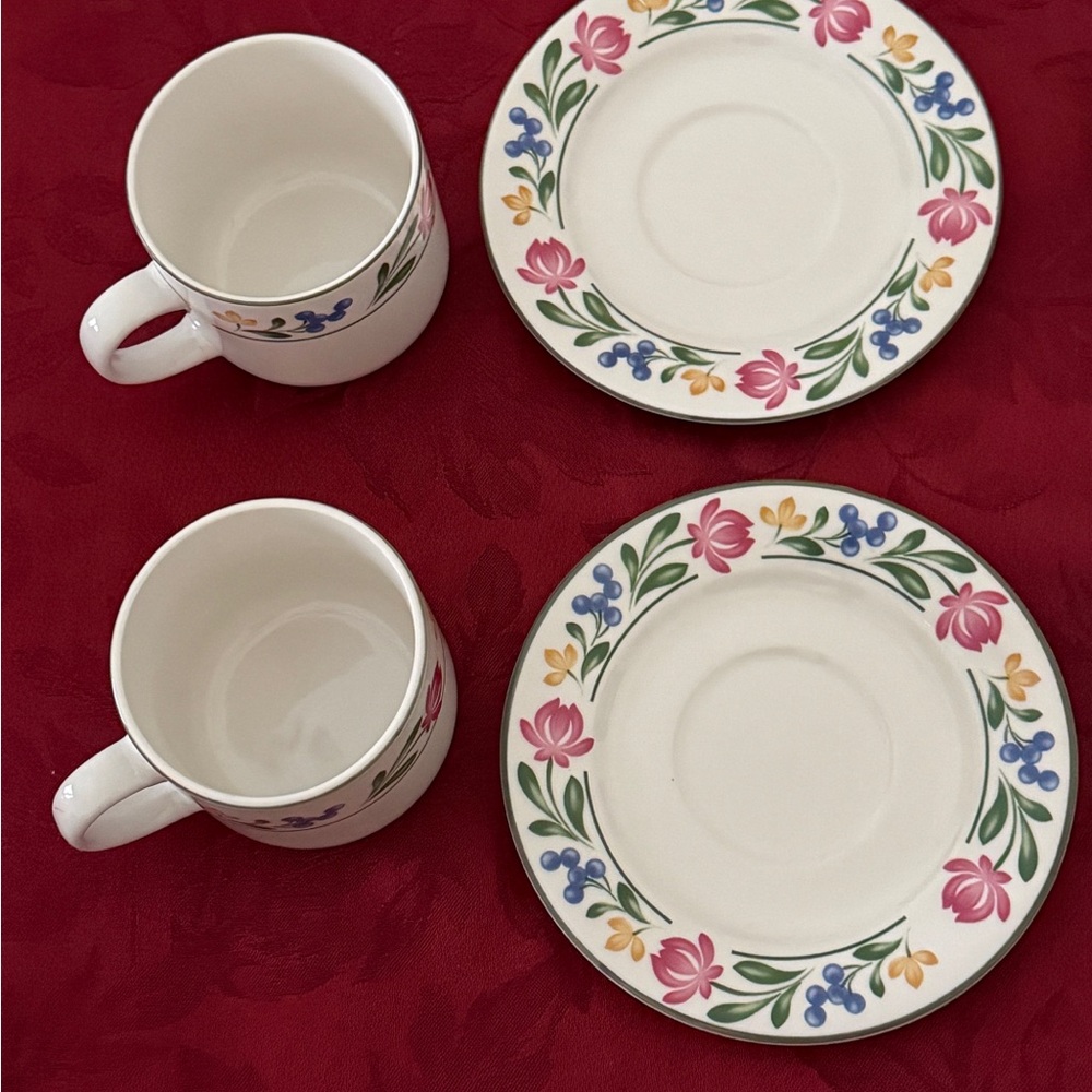 Vintage Farberware Floral Pattern Coffee Cup Saucer Set - Pink, Blue & Green